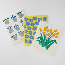 Load image into Gallery viewer, Periwinkle Poppies on Yellow Swedish Dishcloth