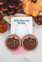 Load image into Gallery viewer, Filigree Pumpkin Spice Glitter Acrylic Inset Circle Dangles