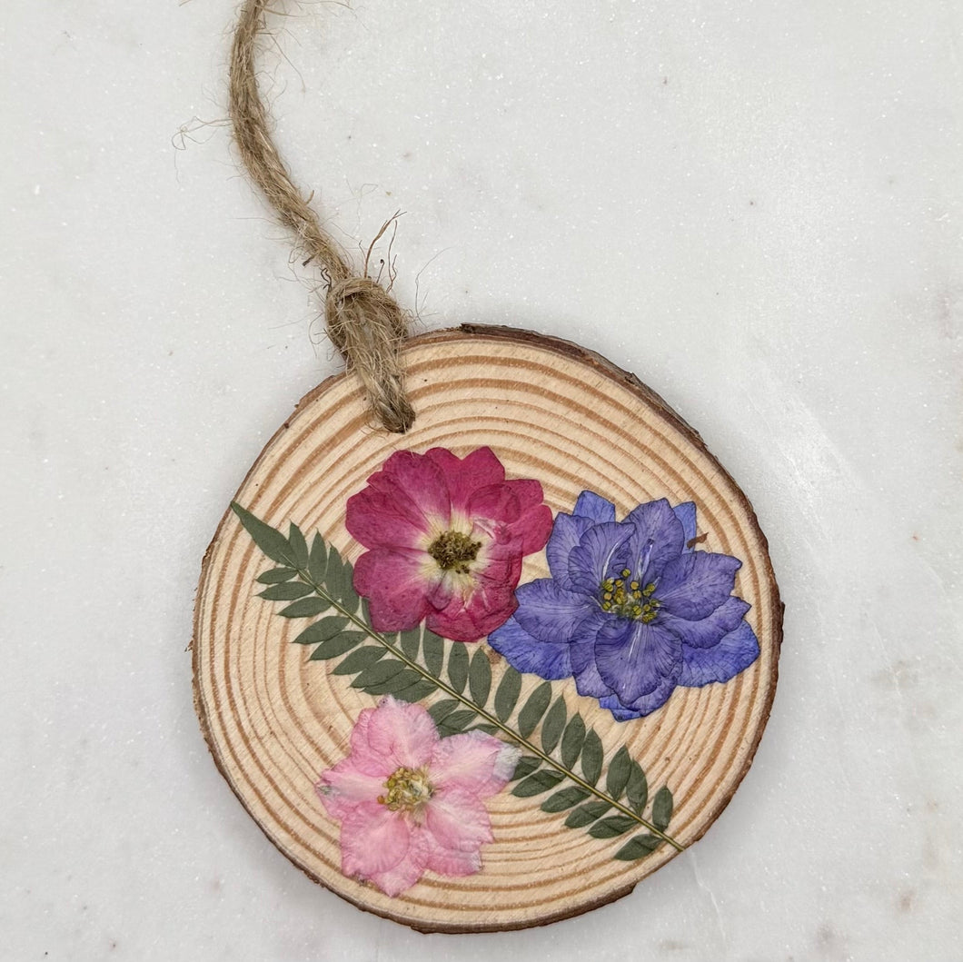 Floral and wood ornament - pink, purple