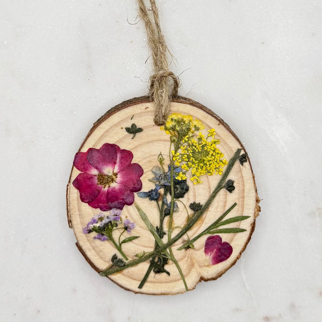 Floral and wood ornament - magenta, yellow