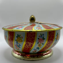 Load image into Gallery viewer, Vintage English Candy Tin- red and gold stripe with floral design
