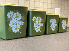 Load image into Gallery viewer, Vintage MCM Nesting Canisters- set of 4- avocado green with floral print
