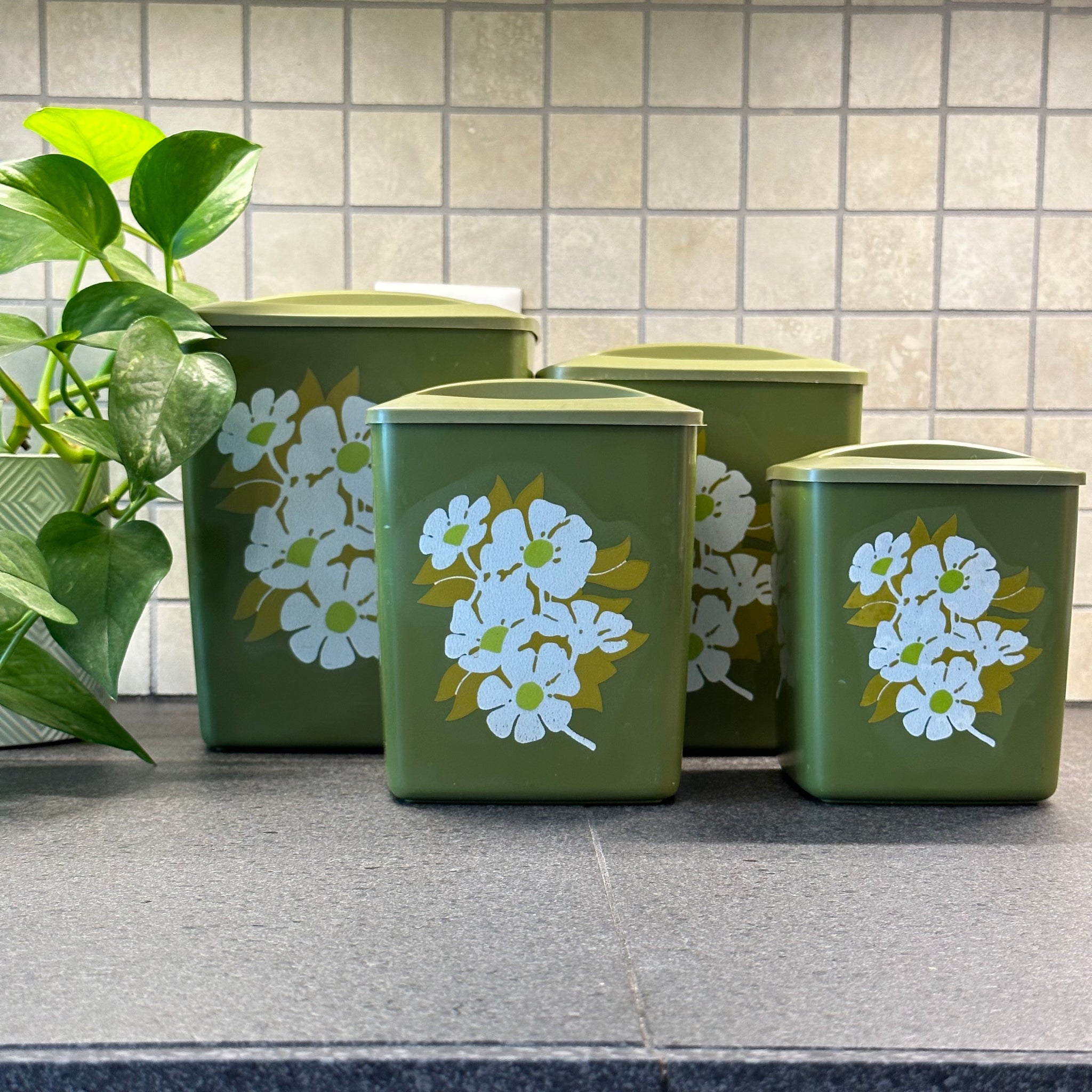 Vintage MCM Nesting Canisters- set of 4- avocado green with floral